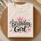 Girls birthday crown design, large Birthday Girl lettering with pink hearts and stars, parents and kids, shirts, gifts, decals, and party decor.