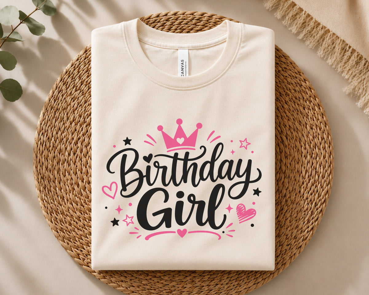 Girls birthday crown design, large Birthday Girl lettering with pink hearts and stars, parents and kids, shirts, gifts, decals, and party decor.