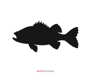 Black bass silhouette SVG PNG showing a solid side-view fish with open mouth, dorsal fin, tail, and fins for fishing shirts, decals, signs, and crafts.