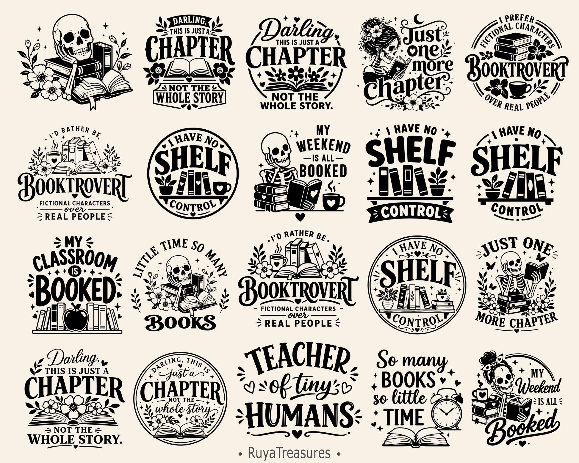 Reading SVG Bundle, Book lover cut files with funny book quotes, floral books, skeleton readers and coffee designs for shirts, gifts and crafts.