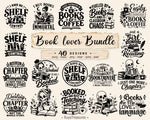 Book Lover SVG Bundle, 40 funny reading quote designs featuring books, coffee, skeleton readers and bookish graphics, ideal for readers and teachers.
