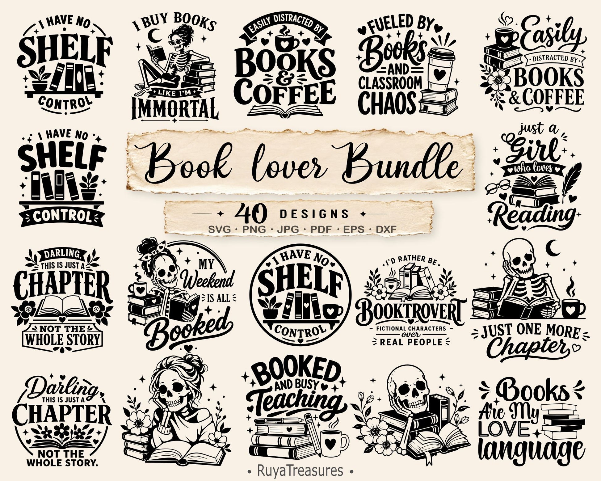 Book Lover SVG Bundle, 40 funny reading quote designs featuring books, coffee, skeleton readers and bookish graphics, ideal for readers and teachers.