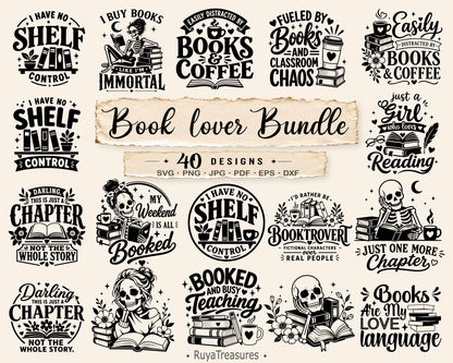 Book Lover SVG Bundle, 40 funny reading quote designs featuring books, coffee, skeleton readers and bookish graphics, ideal for readers and teachers.