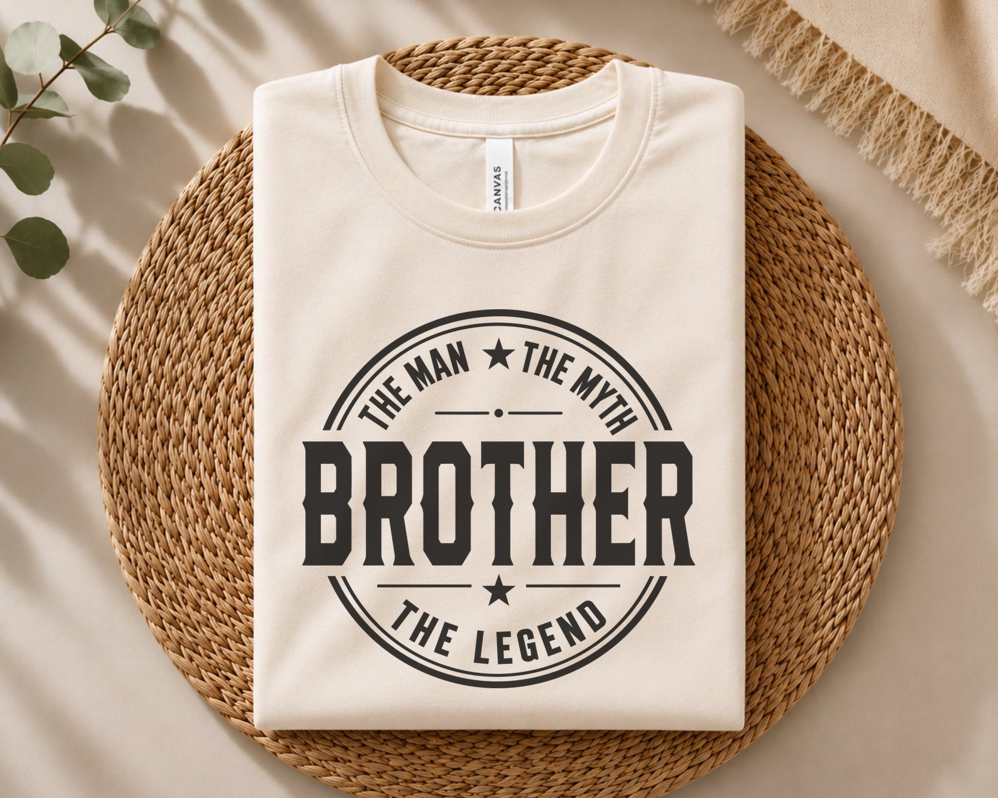 Bold circular badge style design with the word Brother in large block letters surrounded by The Man The Myth and The Legend text.