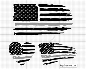 Thin silver line USA flag SVG PNG featuring distressed American flag designs in black and grey for shirts decals and patriotic projects