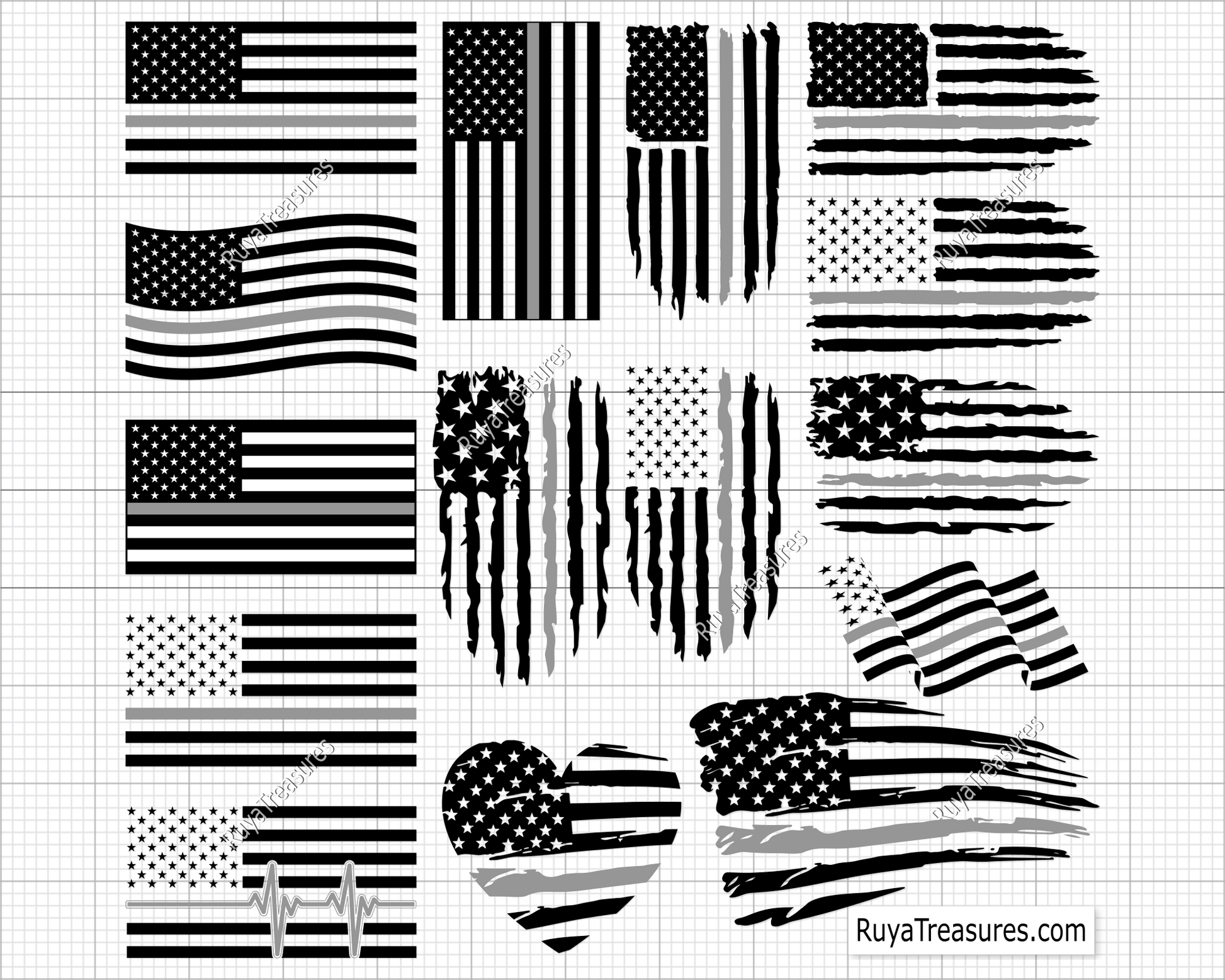 Thin silver line USA flag bundle SVG PNG with multiple distressed American flag styles for correctional officer support shirts decals and graphics