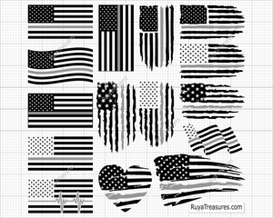 Thin silver line USA flag bundle SVG PNG with multiple distressed American flag styles for correctional officer support shirts decals and graphics
