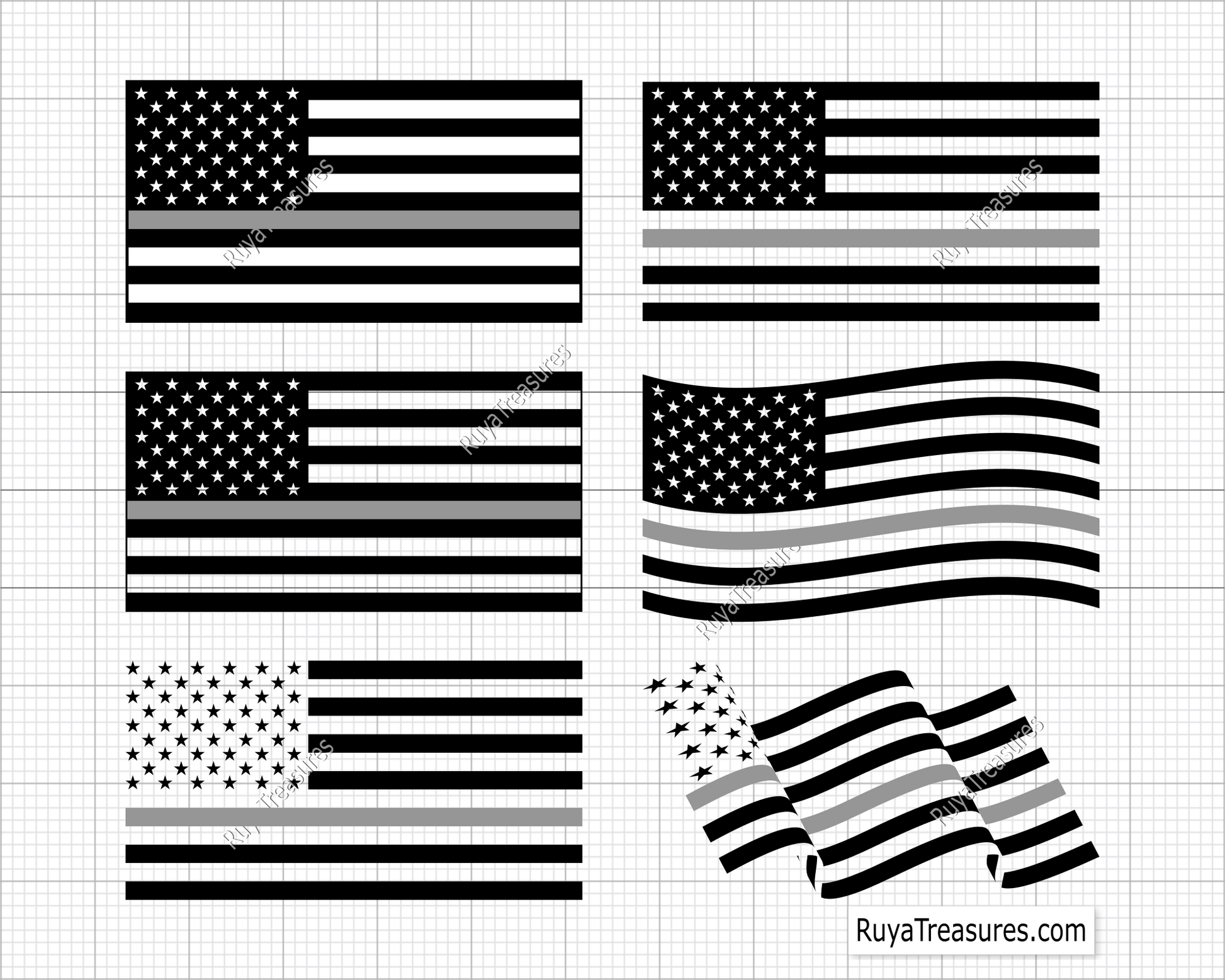 Thin silver line USA flag bundle SVG PNG with multiple distressed American flag styles for correctional officer support shirts decals and graphics