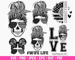 Correctional officer wife SVG PNG featuring messy bun skull with American flag sunglasses and patriotic wife life design for shirts decals