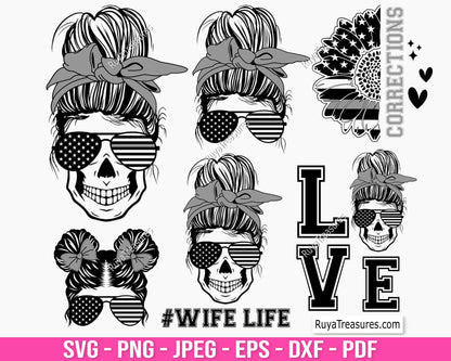Correctional officer wife SVG PNG featuring messy bun skull with American flag sunglasses and patriotic wife life design for shirts decals