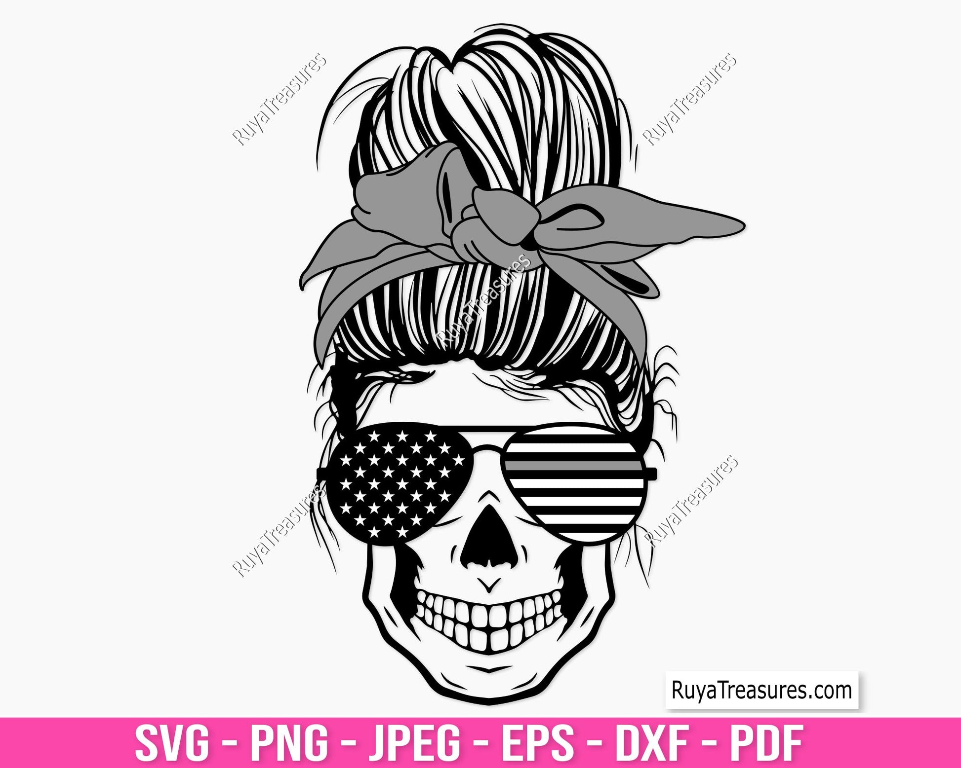 Correctional officer wife SVG PNG featuring messy bun skull with American flag sunglasses and patriotic wife life design for shirts decals