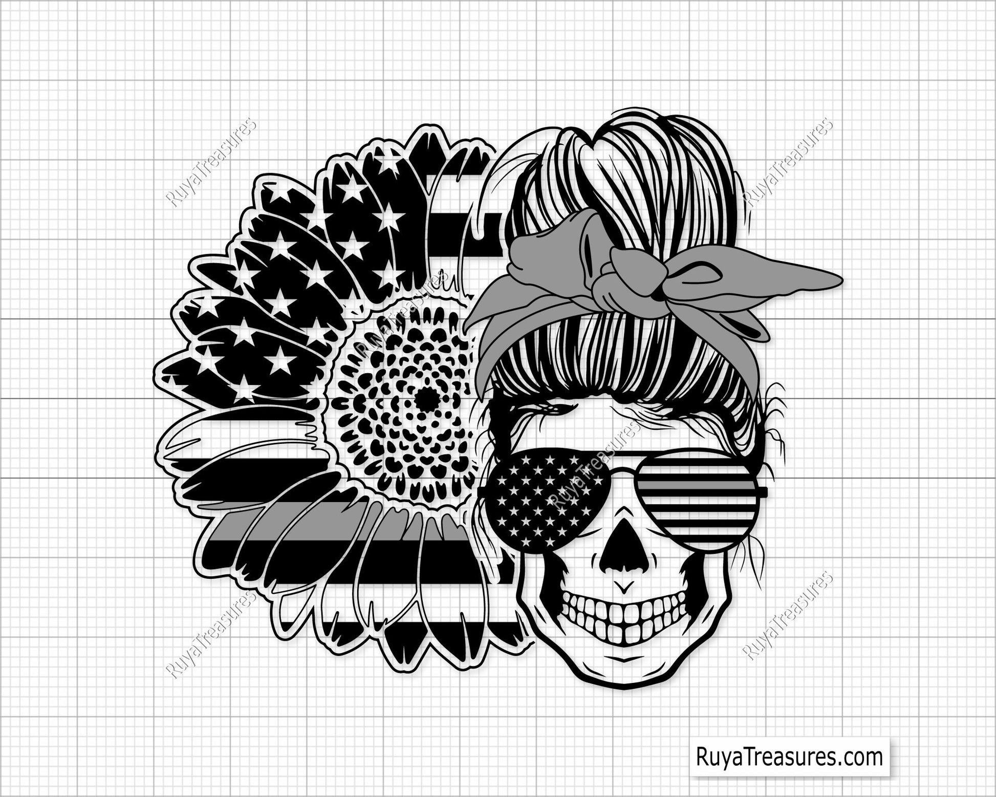 Correctional officer wife SVG PNG featuring messy bun skull with American flag sunglasses and patriotic wife life design for shirts decals