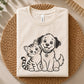 Cute smiling dog beside a striped kitten in clean black line art, featuring large eyes, fluffy tails and a friendly pet companion pose.