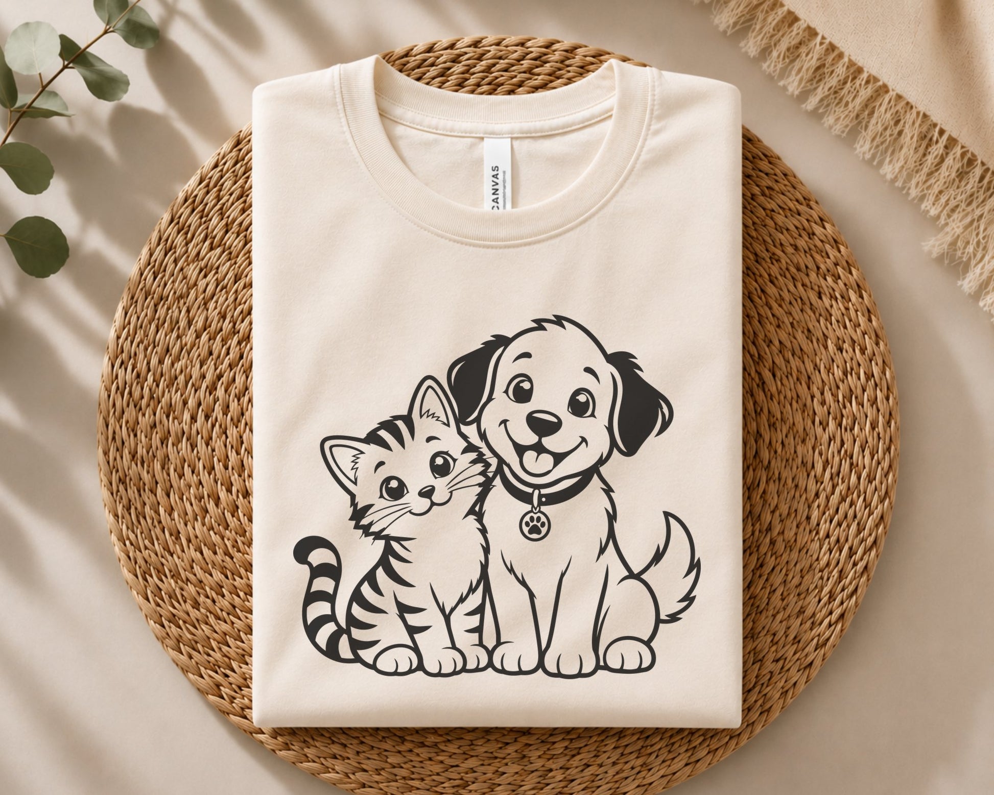Cute smiling dog beside a striped kitten in clean black line art, featuring large eyes, fluffy tails and a friendly pet companion pose.