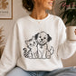 Cute smiling dog beside a striped kitten in clean black line art, featuring large eyes, fluffy tails and a friendly pet companion pose.