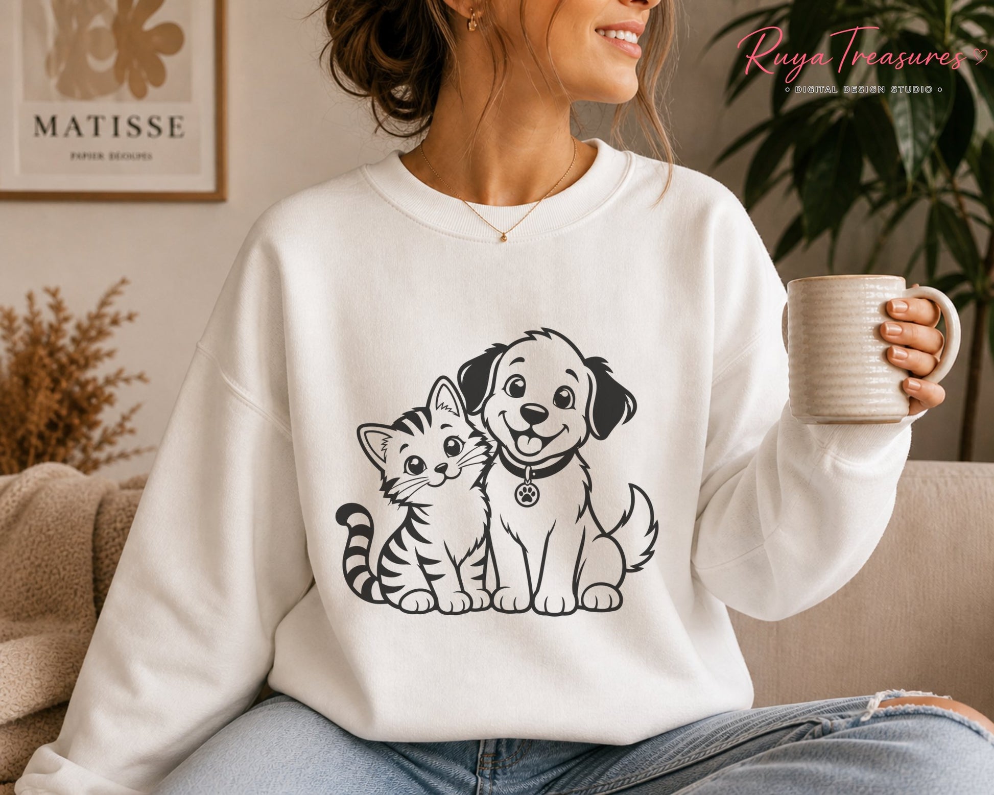 Cute smiling dog beside a striped kitten in clean black line art, featuring large eyes, fluffy tails and a friendly pet companion pose.