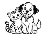 Cute smiling dog beside a striped kitten in clean black line art, featuring large eyes, fluffy tails and a friendly pet companion pose.
