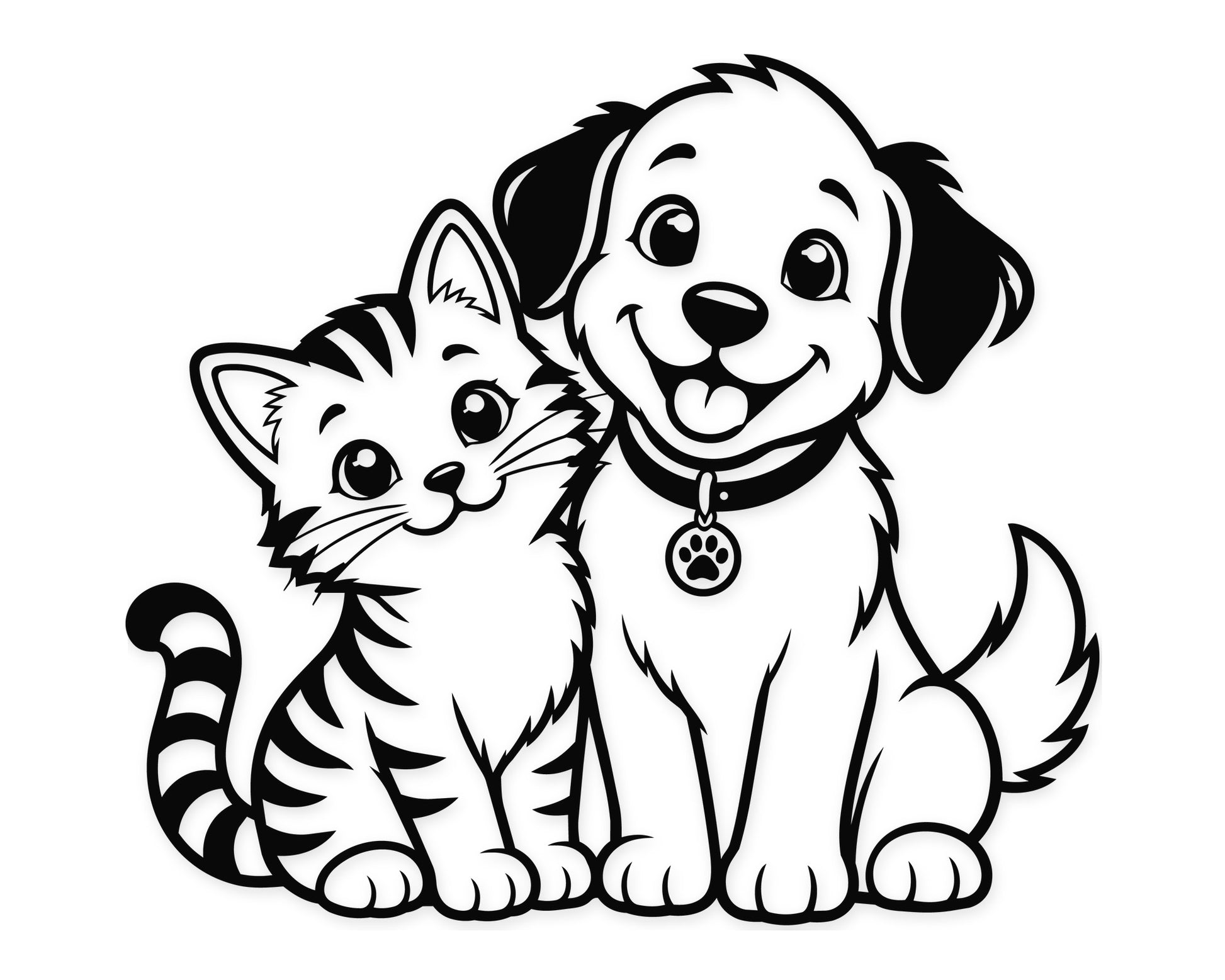 Cute smiling dog beside a striped kitten in clean black line art, featuring large eyes, fluffy tails and a friendly pet companion pose.