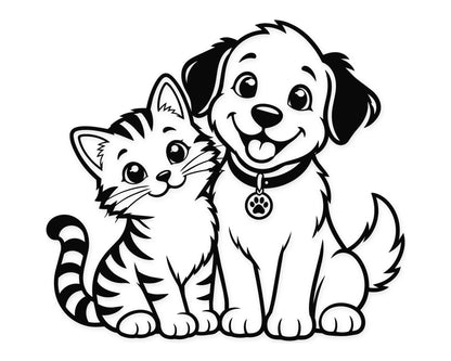 Cute smiling dog beside a striped kitten in clean black line art, featuring large eyes, fluffy tails and a friendly pet companion pose.