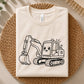 Kawaii construction vehicle design, outlined excavator with cheerful face and crawler tracks, children and builders, party decor, gifts, and DIY crafts.