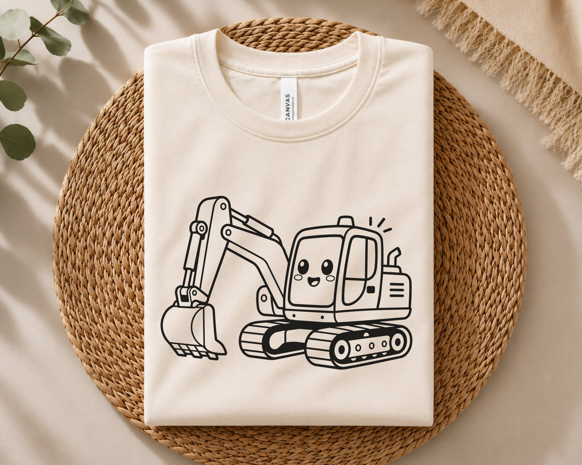 Kawaii construction vehicle design, outlined excavator with cheerful face and crawler tracks, children and builders, party decor, gifts, and DIY crafts.