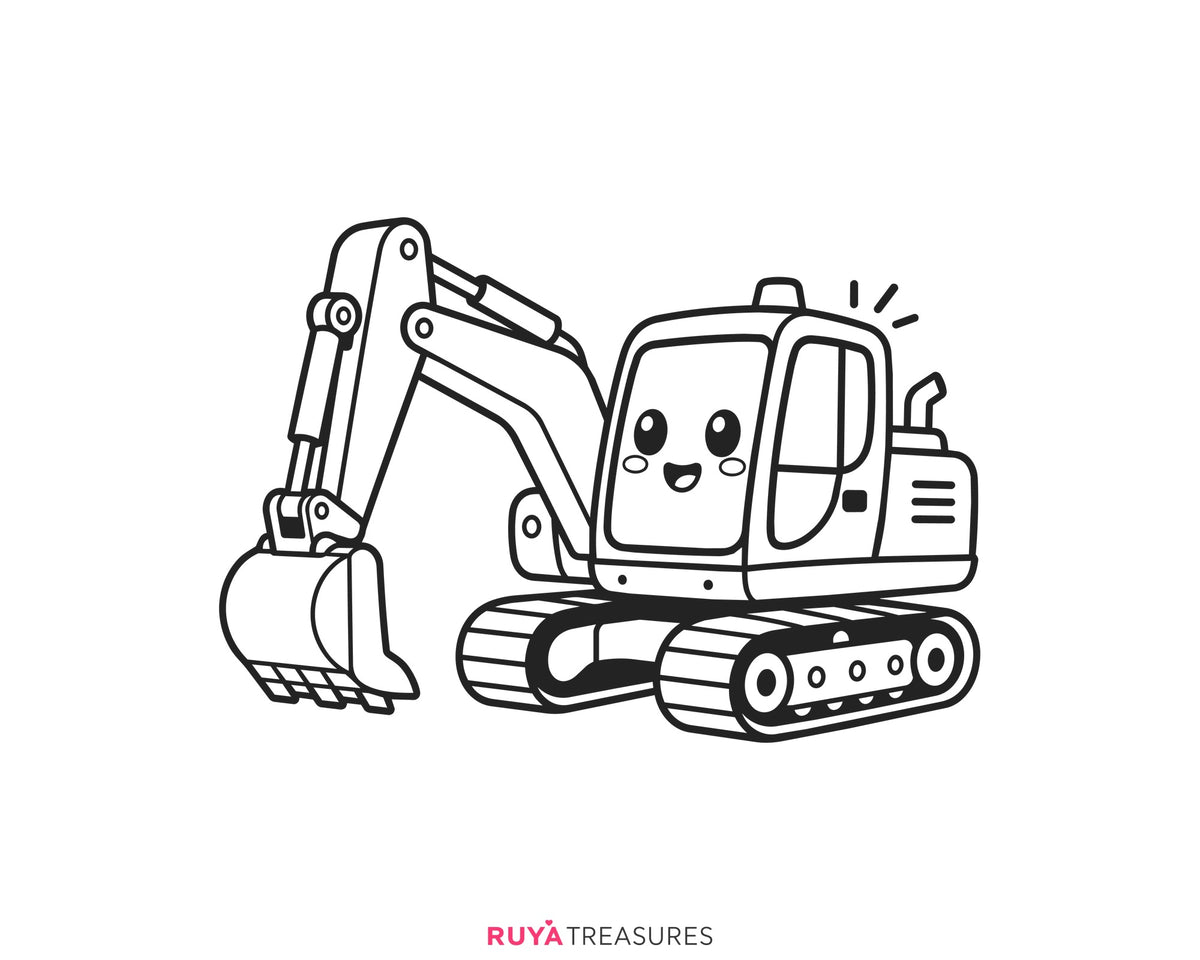 Cute excavator SVG, smiling tracked digger with a large bucket and kawaii face, kids and construction fans, shirts, decals, and craft projects.