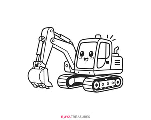 Cute excavator SVG, smiling tracked digger with a large bucket and kawaii face, kids and construction fans, shirts, decals, and craft projects.