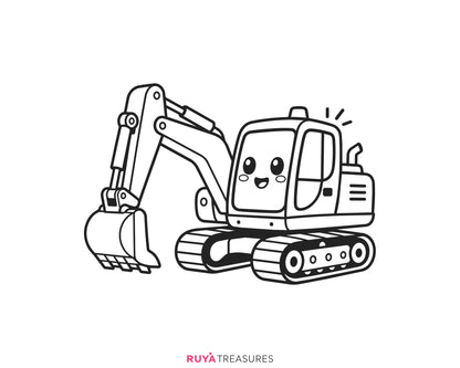 Cute excavator SVG, smiling tracked digger with a large bucket and kawaii face, kids and construction fans, shirts, decals, and craft projects.