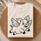 Winged pig design, cheerful farm animal flying with spread wings and a playful expression, children and animal fans, gifts, party decor, and DIY crafts.