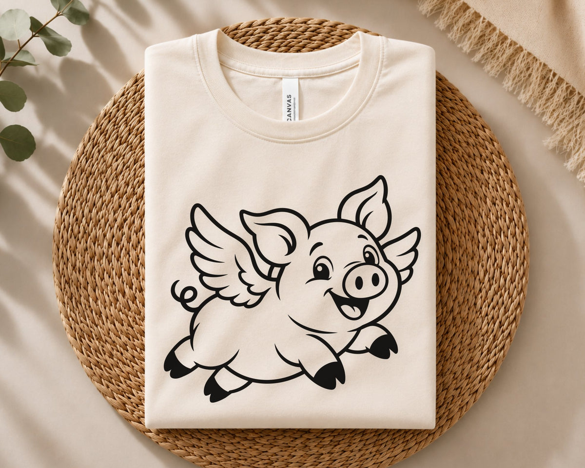 Winged pig design, cheerful farm animal flying with spread wings and a playful expression, children and animal fans, gifts, party decor, and DIY crafts.