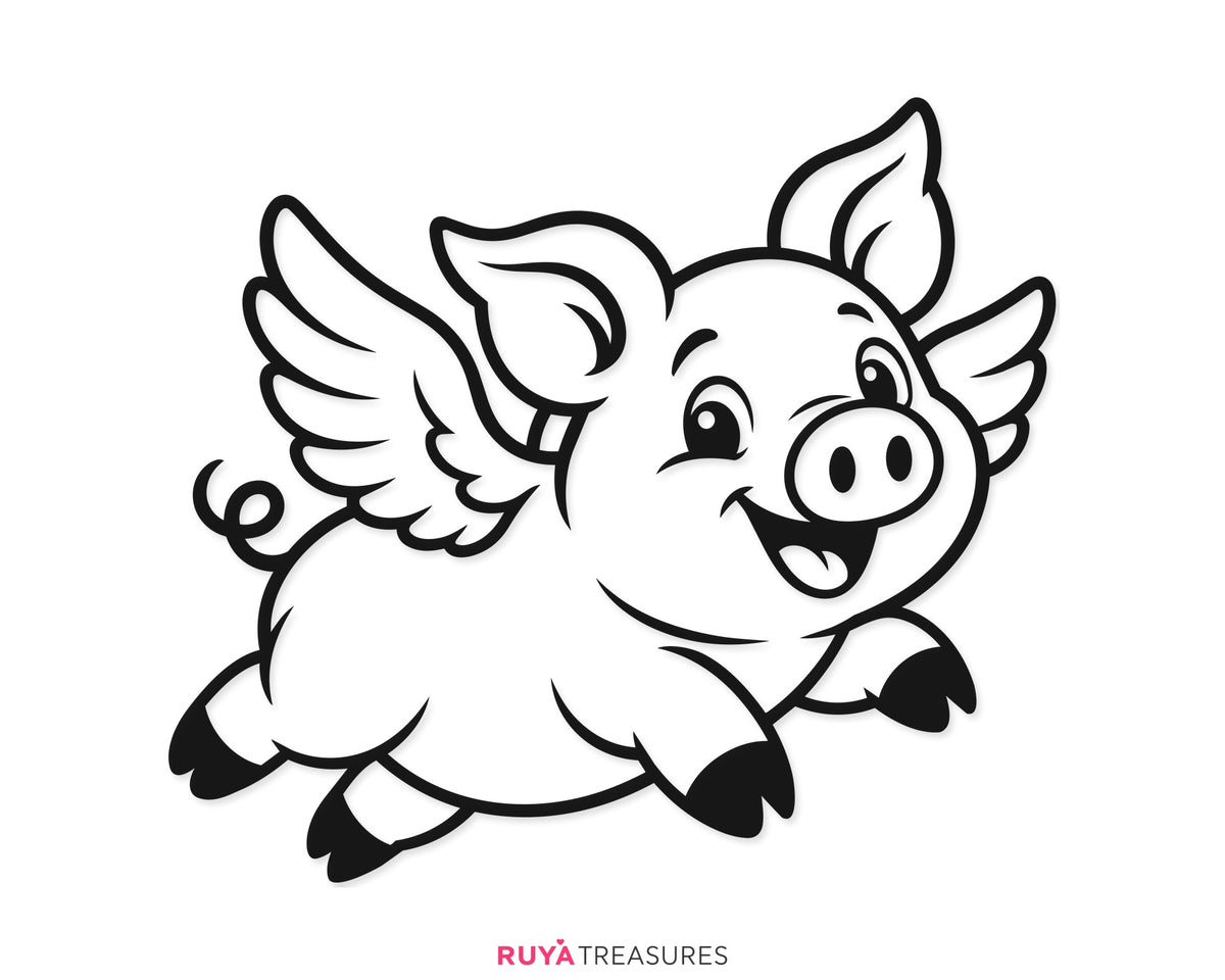 Cute flying pig SVG, smiling cartoon pig with large feathered wings and a curly tail, kids and pig lovers, shirts, decals, and craft projects.