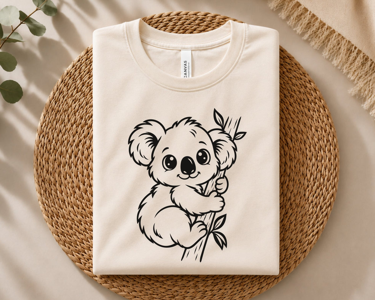 Australian koala design, adorable cartoon koala hugging a branch with leaves and soft rounded features, children, gifts, decals, apparel, and DIY projects.