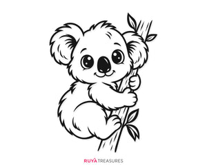 Cute kawaii koala SVG, smiling koala clinging to a leafy tree branch with big round eyes, kids and animal lovers, shirts, nursery decor, and crafts.