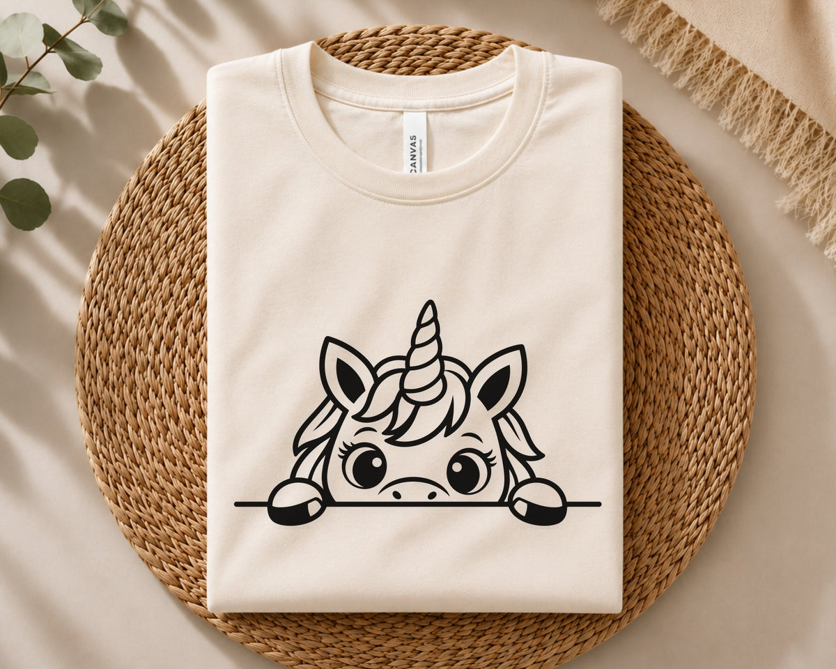 Kawaii unicorn cut file showing a playful peeking unicorn with bold clean outlines, ideal for Cricut crafts, shirts, decals, printables, nursery decor, and kids projects.