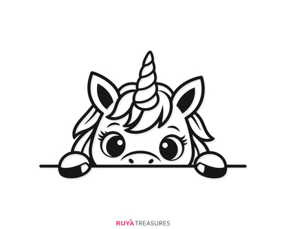 Cute peeking unicorn SVG PNG featuring a smiling unicorn with a striped horn, flowing mane, large eyes, pointed ears, and tiny hooves over a simple line.