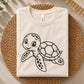 Adorable cartoon sea turtle swimming with a friendly smile, detailed shell pattern and clean line art for cutting and coloring projects.