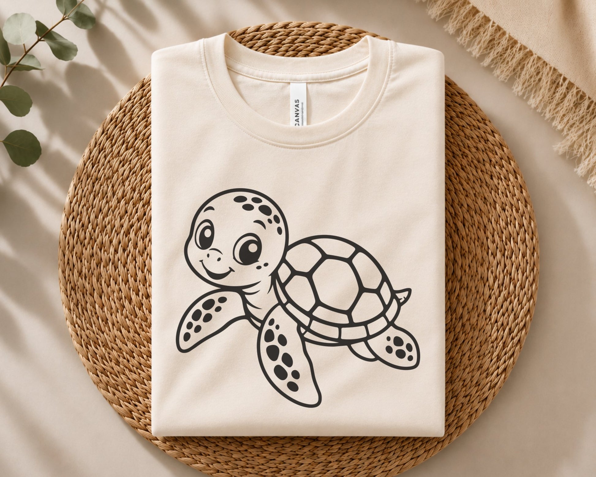 Adorable cartoon sea turtle swimming with a friendly smile, detailed shell pattern and clean line art for cutting and coloring projects.