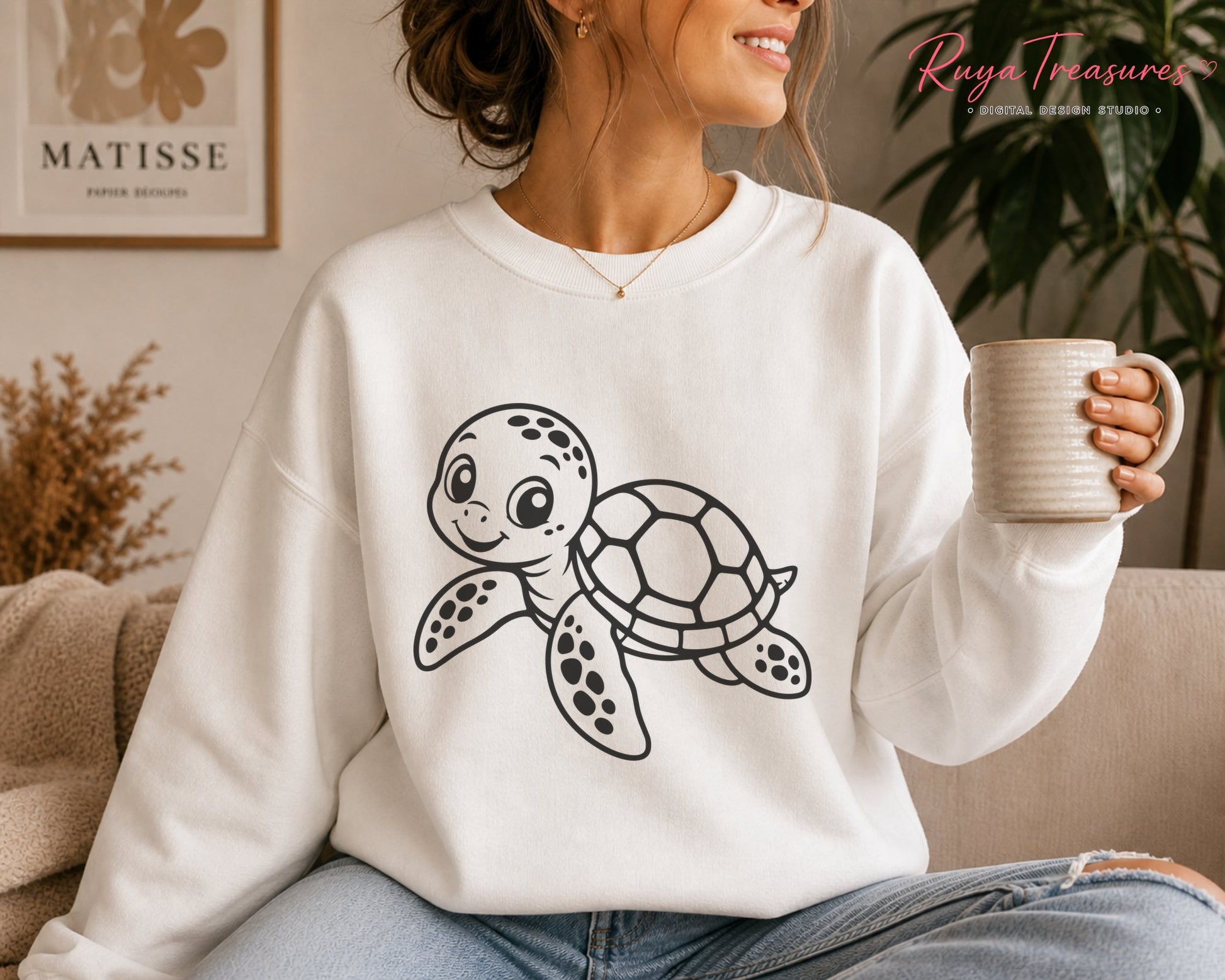 Adorable cartoon sea turtle swimming with a friendly smile, detailed shell pattern and clean line art for cutting and coloring projects.