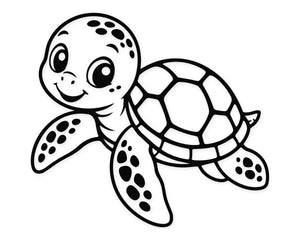 Adorable cartoon sea turtle swimming with a friendly smile, detailed shell pattern and clean line art for cutting and coloring projects.