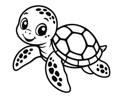 Adorable cartoon sea turtle swimming with a friendly smile, detailed shell pattern and clean line art for cutting and coloring projects.