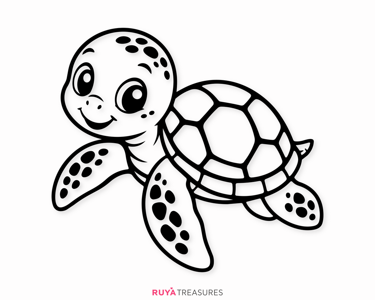 Adorable cartoon sea turtle swimming with a friendly smile, detailed shell pattern and clean line art for cutting and coloring projects.