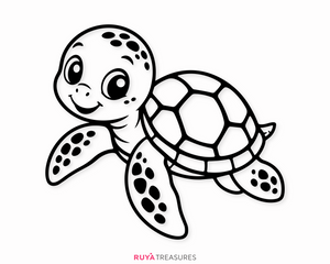 Adorable cartoon sea turtle swimming with a friendly smile, detailed shell pattern and clean line art for cutting and coloring projects.