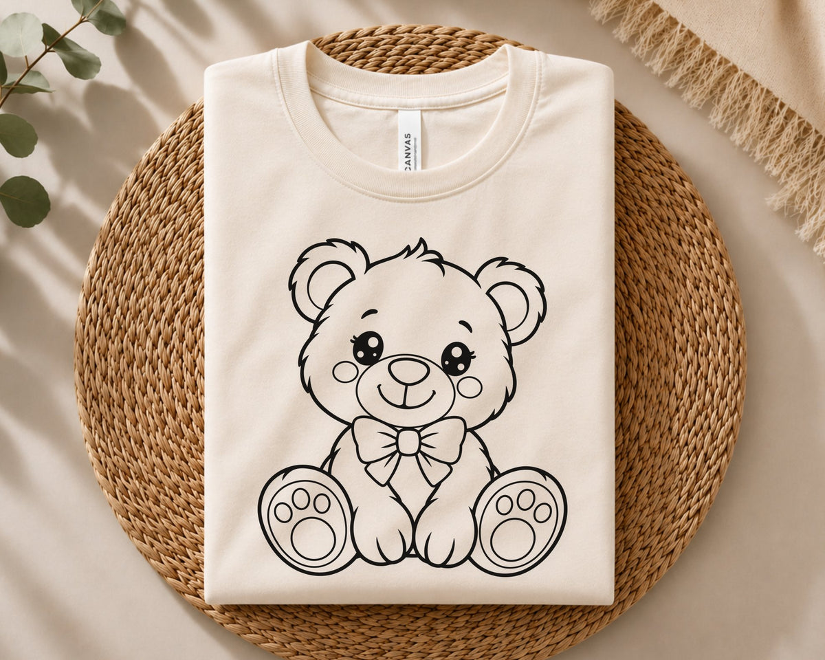 Adorable teddy bear design, cute seated toy bear with bow and oversized paws, parents and children, baby decor, decals, apparel, gifts, and DIY crafts.