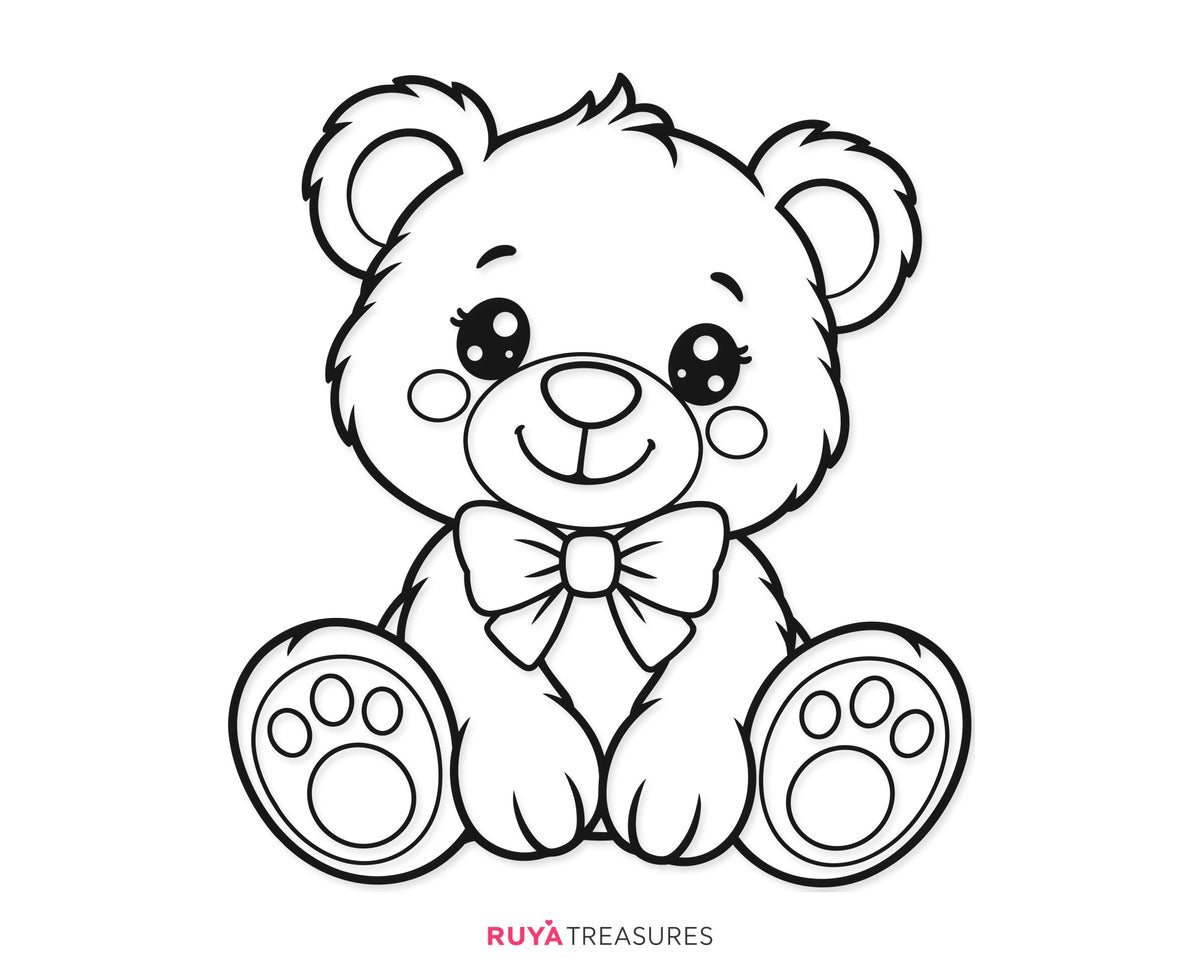 Cute teddy bear SVG, smiling seated bear with a large bow, round ears, paw pads, and sweet expression, kids, nursery shirts, gifts, and craft projects.