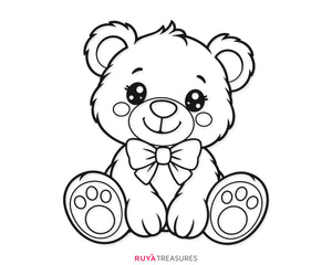 Cute teddy bear SVG, smiling seated bear with a large bow, round ears, paw pads, and sweet expression, kids, nursery shirts, gifts, and craft projects.