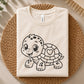 Adorable baby turtle illustration featuring a happy face, heart shell pattern and clean line art for cutting and coloring projects.