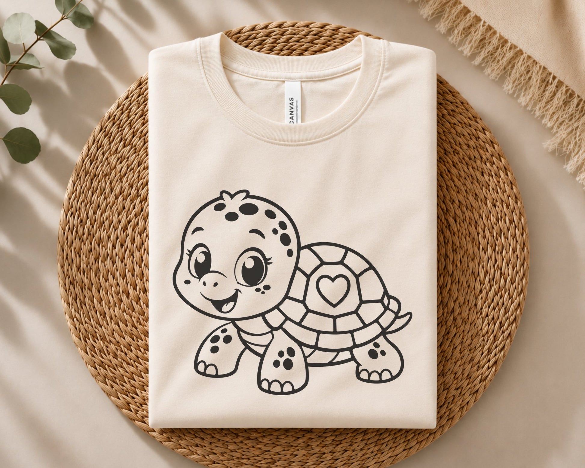 Adorable baby turtle illustration featuring a happy face, heart shell pattern and clean line art for cutting and coloring projects.