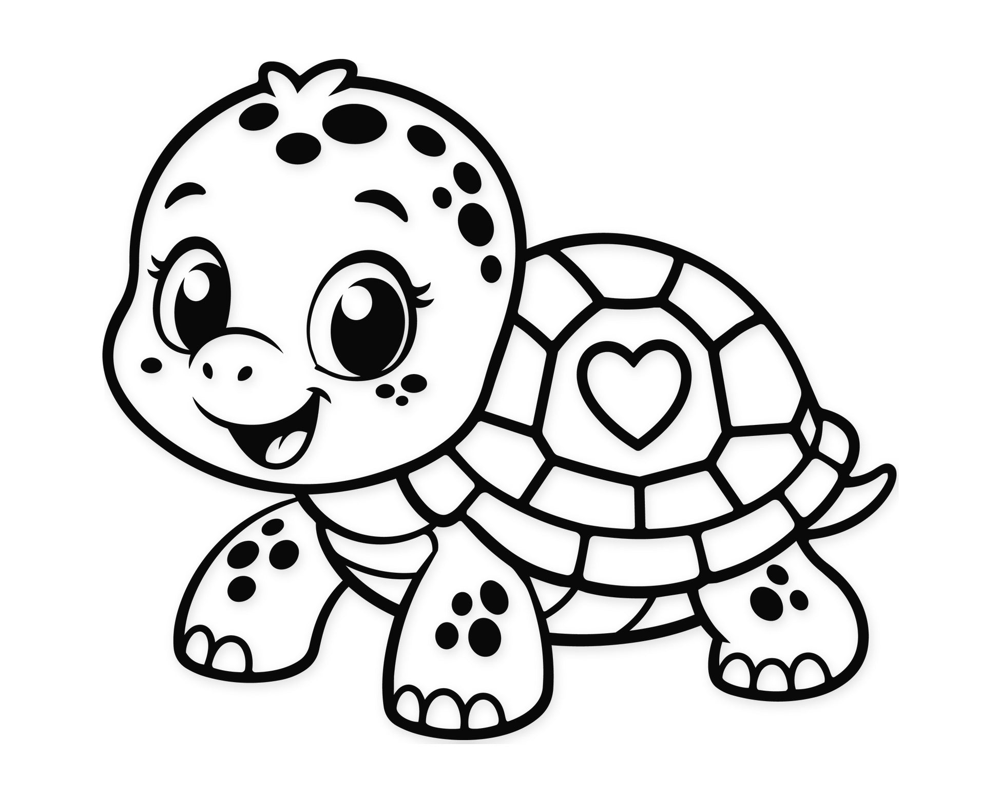Adorable baby turtle illustration featuring a happy face, heart shell pattern and clean line art for cutting and coloring projects.
