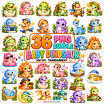 Baby Dinosaur PNG Bundle featuring colorful kawaii baby dinosaurs in eggs, flowers, books, airplanes, costumes, bubbles, and playful nursery themes.