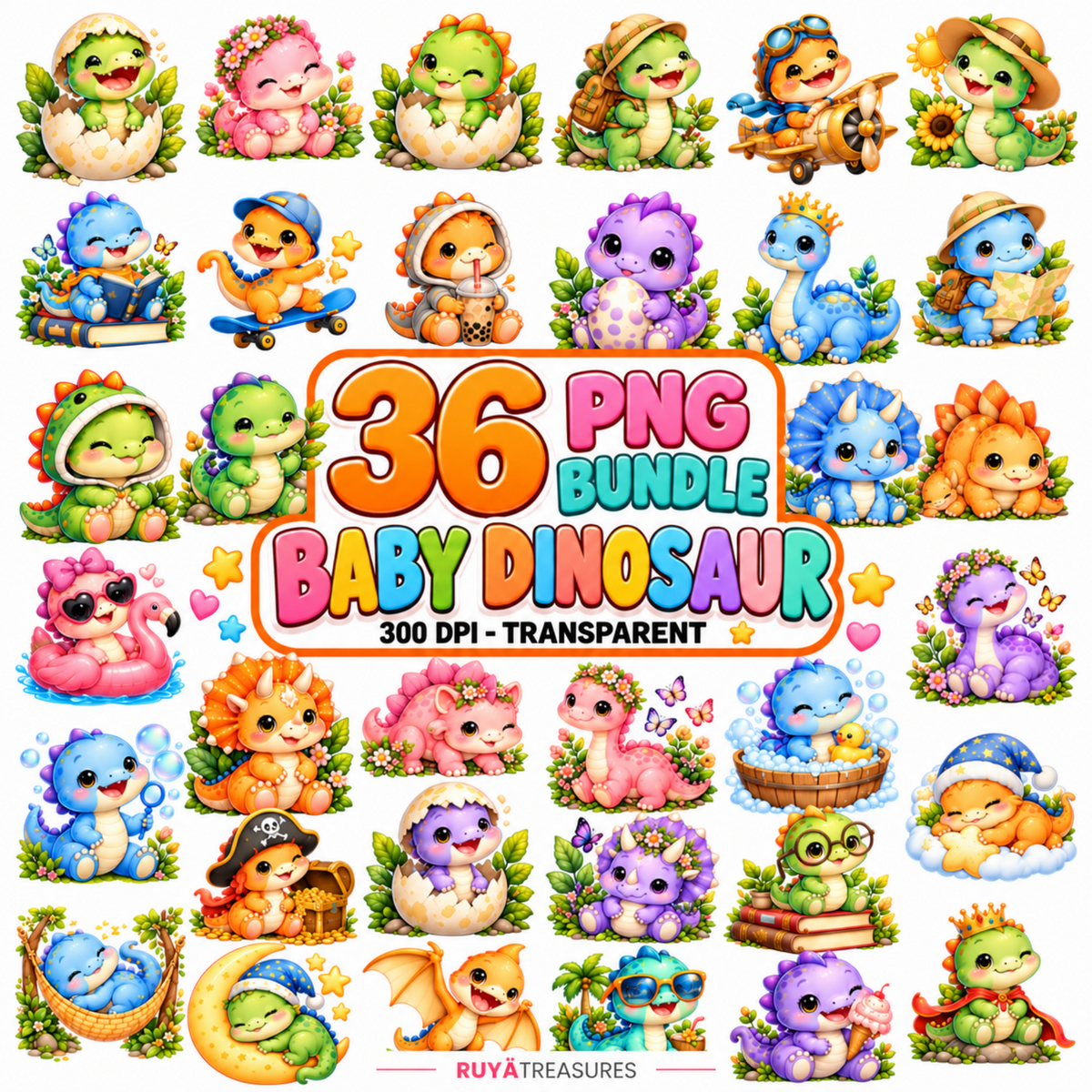Baby Dinosaur PNG Bundle featuring colorful kawaii baby dinosaurs in eggs, flowers, books, airplanes, costumes, bubbles, and playful nursery themes.